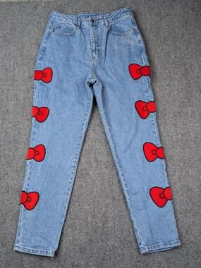 Hello Kitty Jeans Juniors 11 Blue High Rise Tapered Bow Rhinestone Embroidered